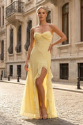 Spaghetti Straps Yellow Chiffon Ruffles Long Prom Dresses with Slit