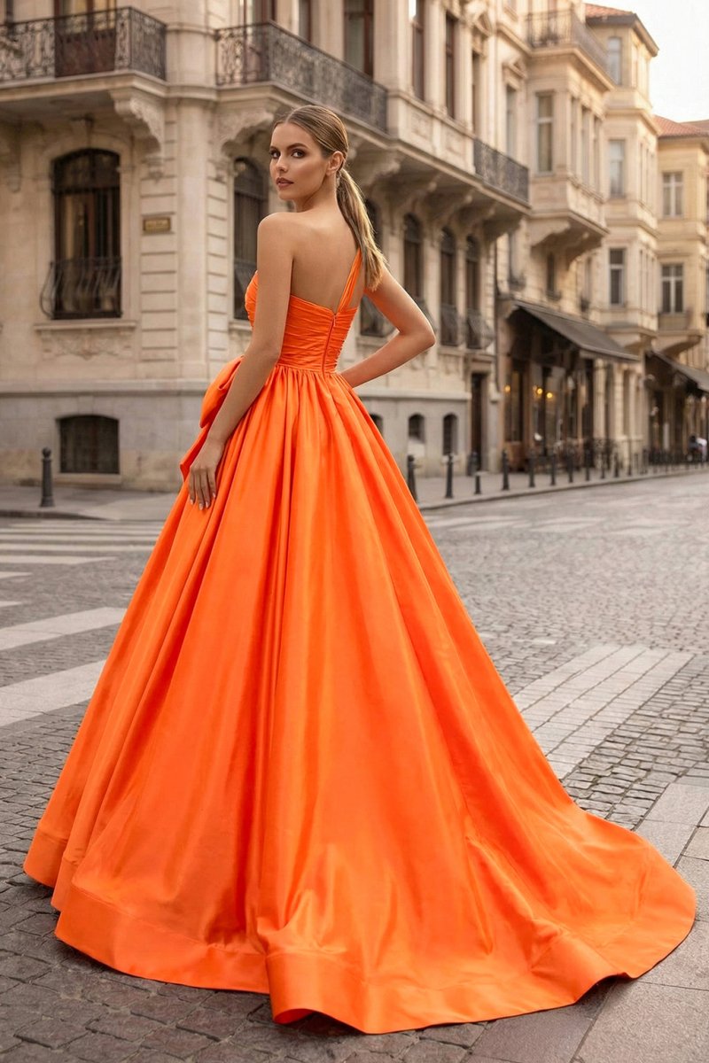 One Shoulder Satin A Line Prom Dress With Bow