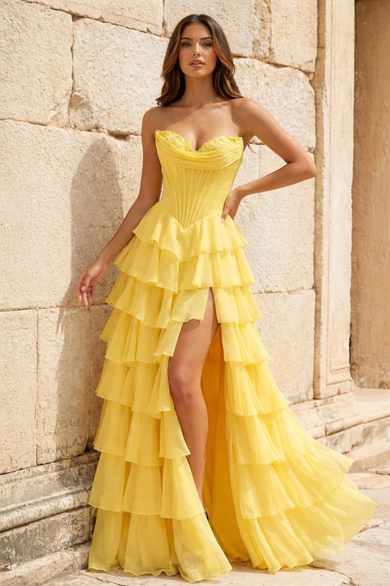 Strapless A-Line Ruffle Long Prom Dress With Split