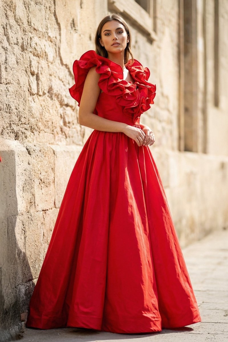 Red Ruffle V Neck Satin A-Line Long Prom Dresses