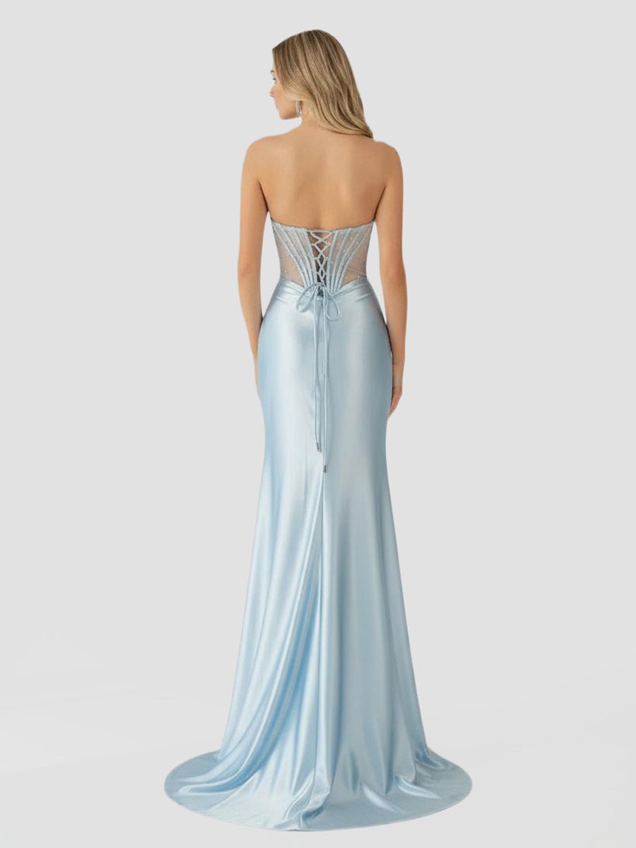 Mermaid Sweetheart Blue Beaded Ruched Long Prom Dress with Slit