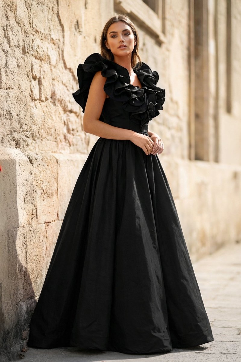 Red Ruffle V Neck Satin A-Line Long Prom Dresses