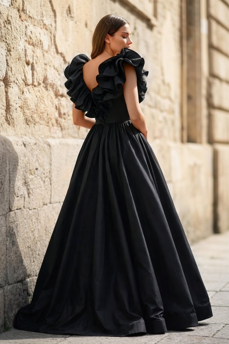 Red Ruffle V Neck Satin A-Line Long Prom Dresses