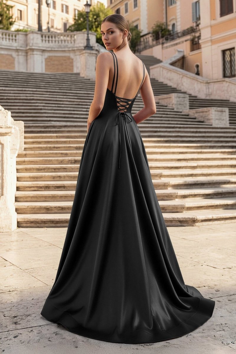 Burgundy Spaghetti Straps A Line Satin Long Prom Dresses With Slit