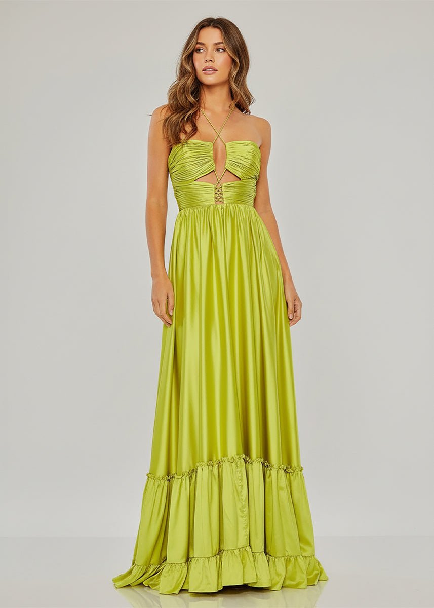 Criss-cross Chartreuse Ruched A-line Halter Sleeveless Long Prom Dress