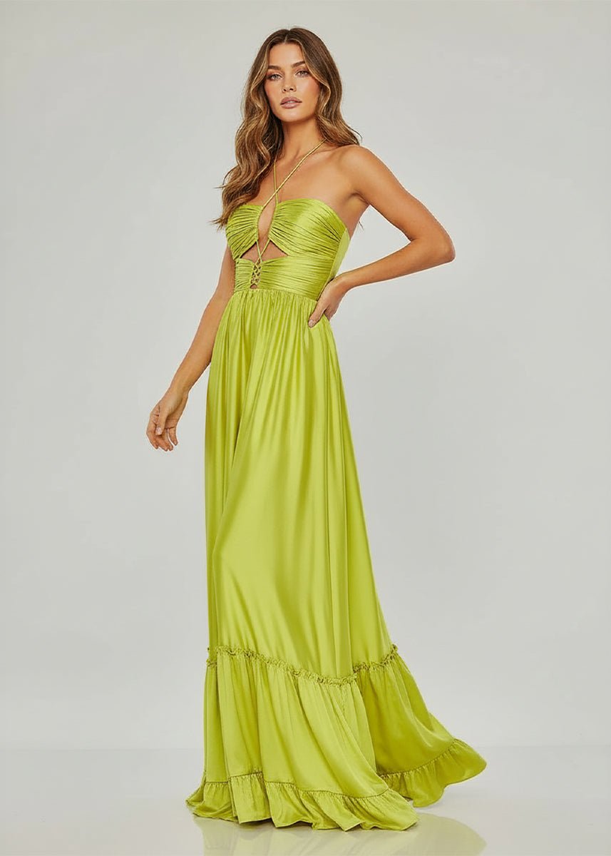 Criss-cross Chartreuse Ruched A-line Halter Sleeveless Long Prom Dress