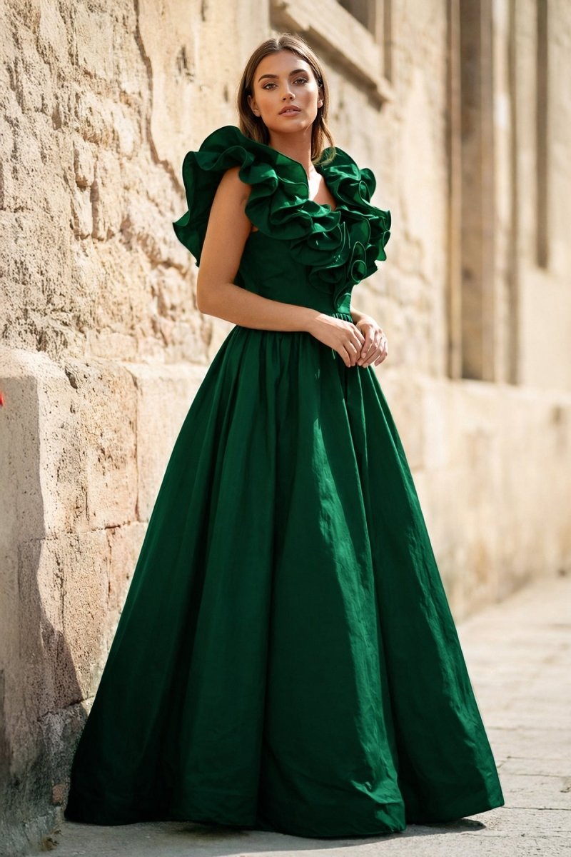 Red Ruffle V Neck Satin A-Line Long Prom Dresses