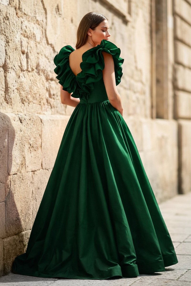 Red Ruffle V Neck Satin A-Line Long Prom Dresses