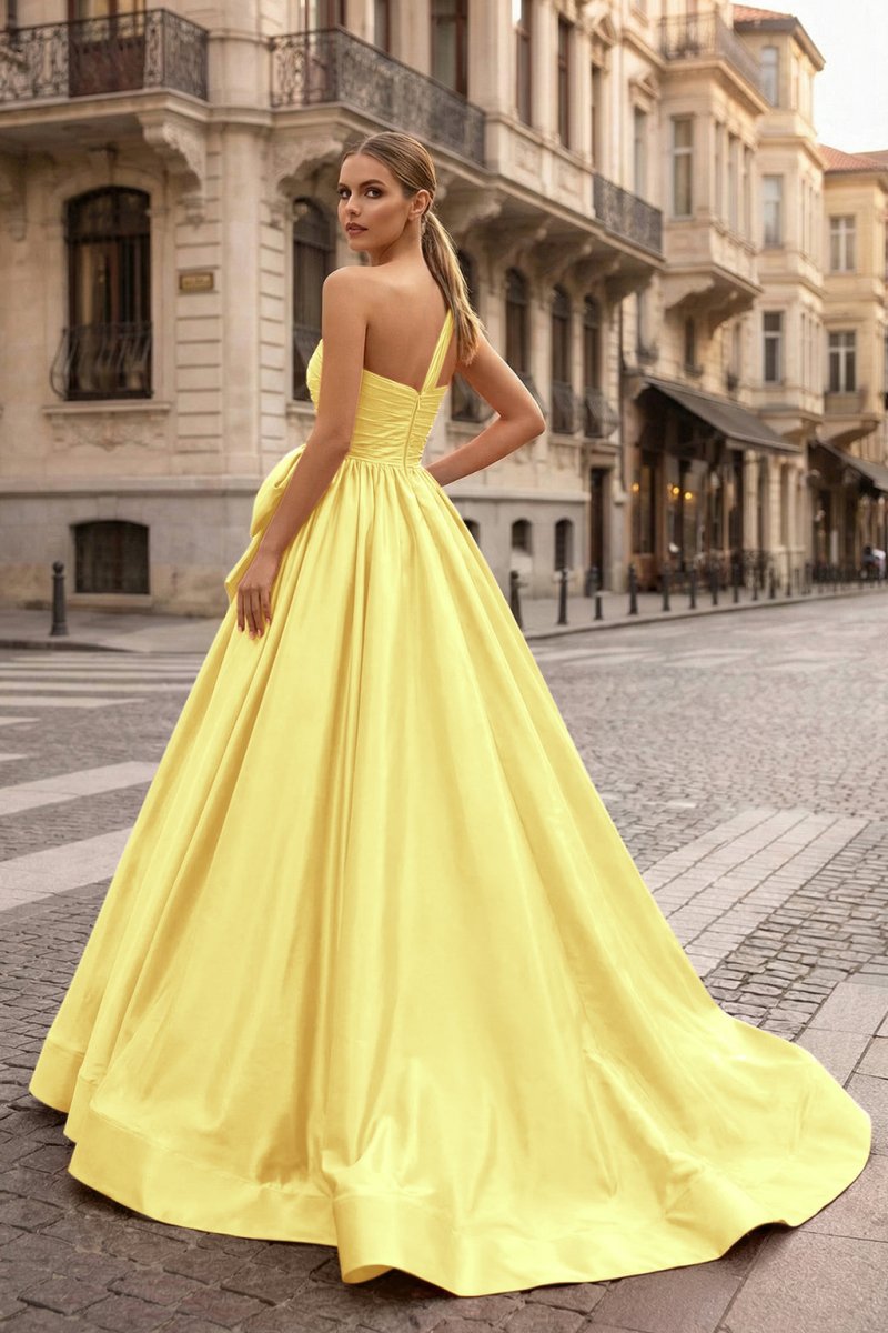 One Shoulder Satin A Line Prom Dress With Bow