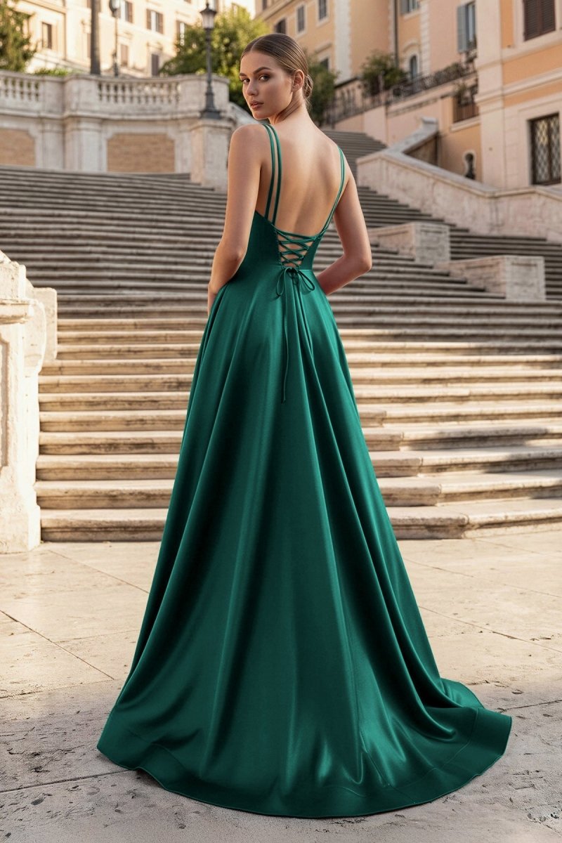 Burgundy Spaghetti Straps A Line Satin Long Prom Dresses With Slit