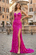Sparkly Fuchsia Mermaid Sequins Long Prom Dress with Slit