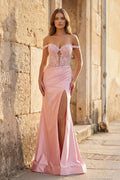 Mermaid Off The Shoulder Pink Satin Long Prom Dresses With Split