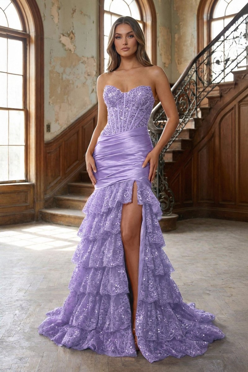 Red Strapless Sweetheart Mermaid Pleated Layered Long Prom Dress With Slit