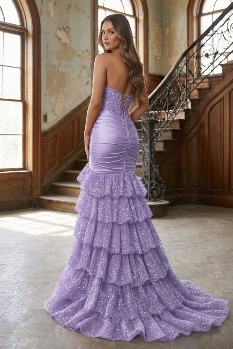 Red Strapless Sweetheart Mermaid Pleated Layered Long Prom Dress With Slit