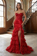 Red Strapless Sweetheart Mermaid Pleated Layered Long Prom Dress With Slit