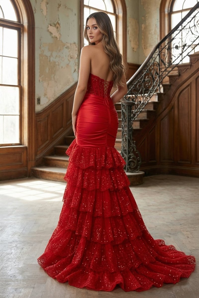 Red Strapless Sweetheart Mermaid Pleated Layered Long Prom Dress With Slit
