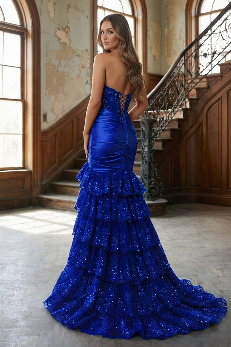 Red Strapless Sweetheart Mermaid Pleated Layered Long Prom Dress With Slit