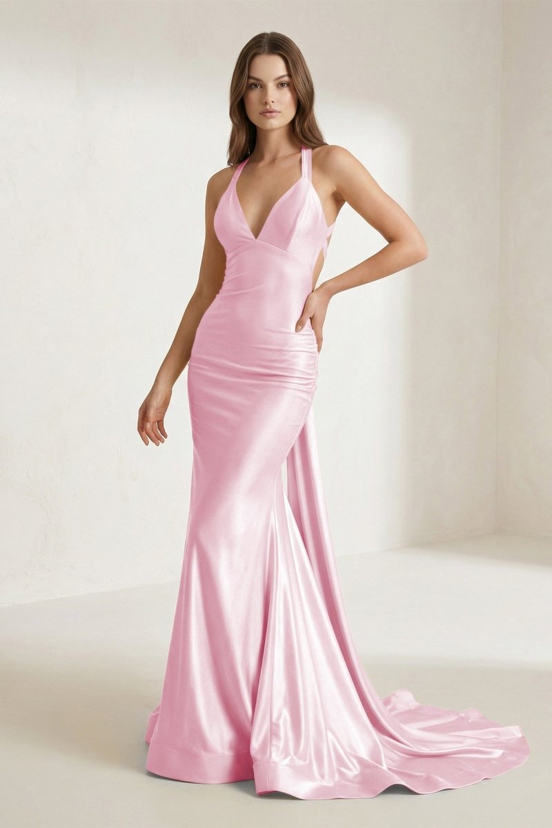Pink Halter Satin Mermaid Open Back Long Formal Prom Dresses
