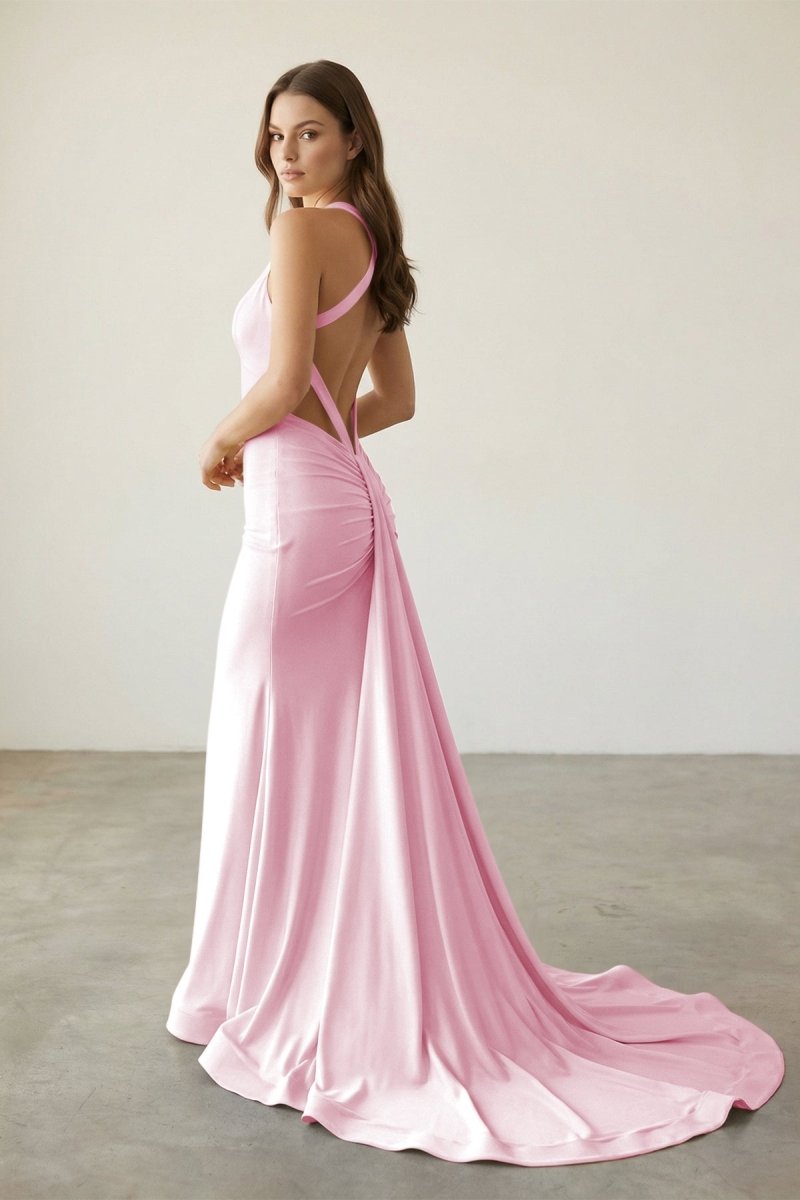 Pink Halter Satin Mermaid Open Back Long Formal Prom Dresses