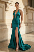 Navy Halter Corset Mermaid Ruched Long Formal Dress with Slit