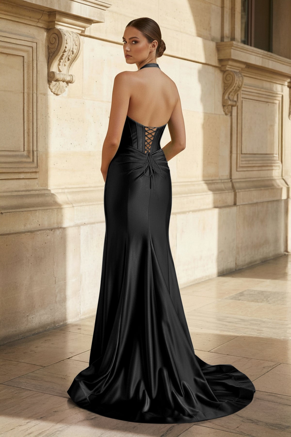 Navy Halter Corset Mermaid Ruched Long Formal Dress with Slit