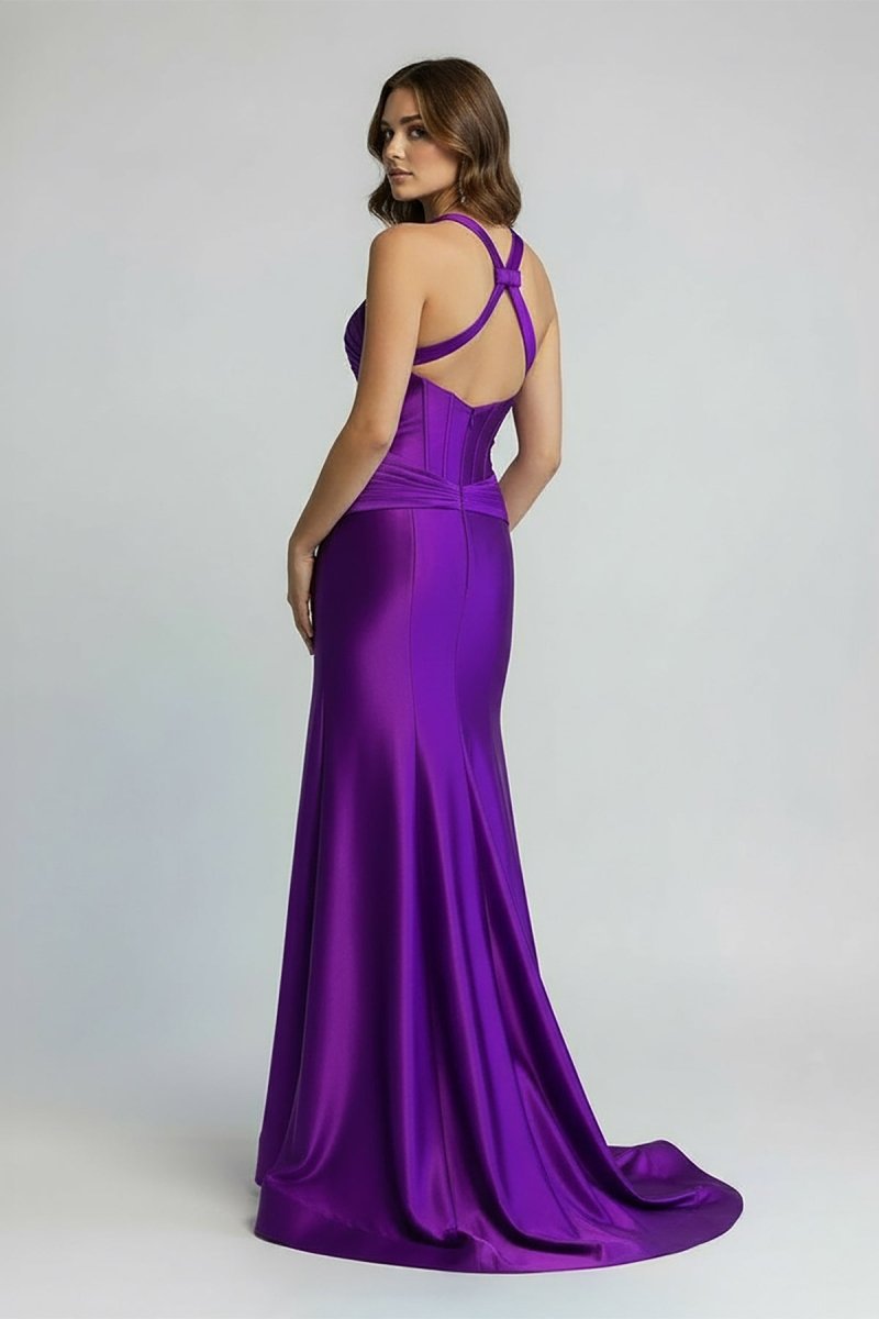 Green Satin Mermaid Slit Prom Dress with Criss Cross Neck