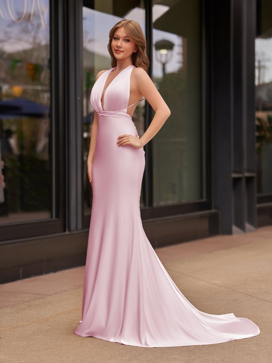 Plunge Neck Light Pink Mermaid Satin Long Prom Dress