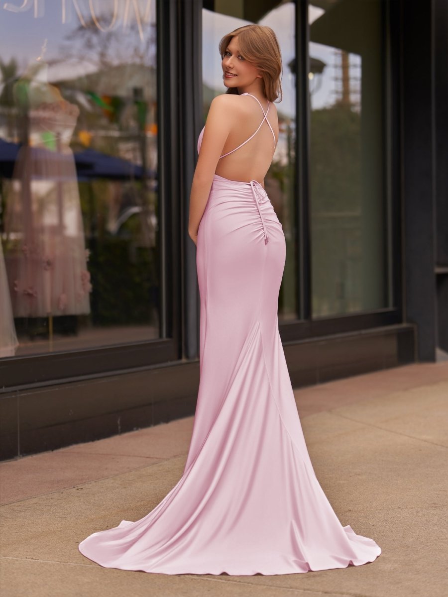 Plunge Neck Light Pink Mermaid Satin Long Prom Dress