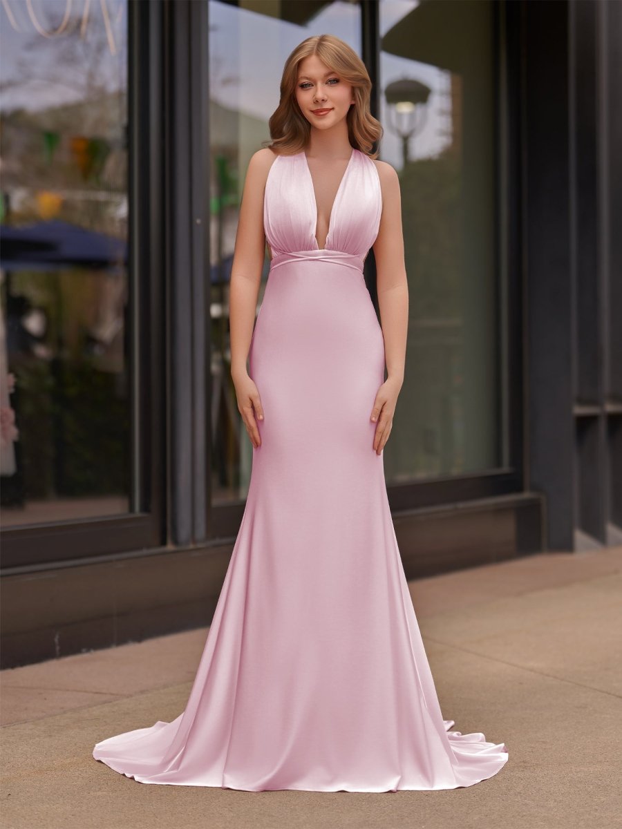 Plunge Neck Light Pink Mermaid Satin Long Prom Dress