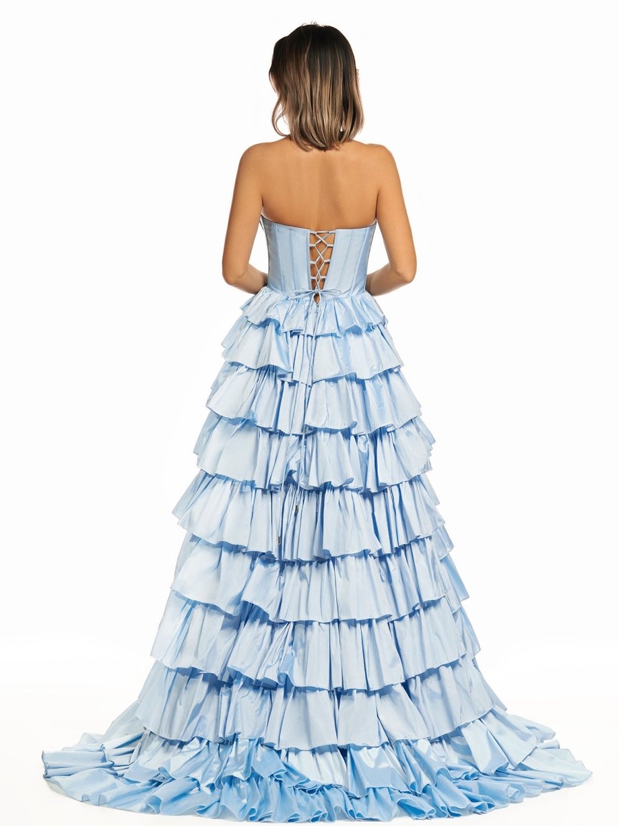 Halter A-Line Blue Satin Long Ruffled Prom Dress With Slit
