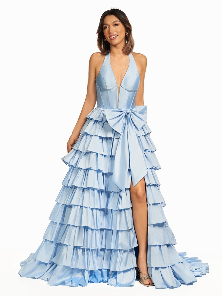 Halter A-Line Blue Satin Long Ruffled Prom Dress With Slit