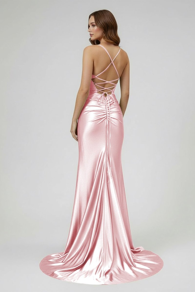 Sage Spaghetti Straps Satin Mermaid Long Prom Dress with Slit