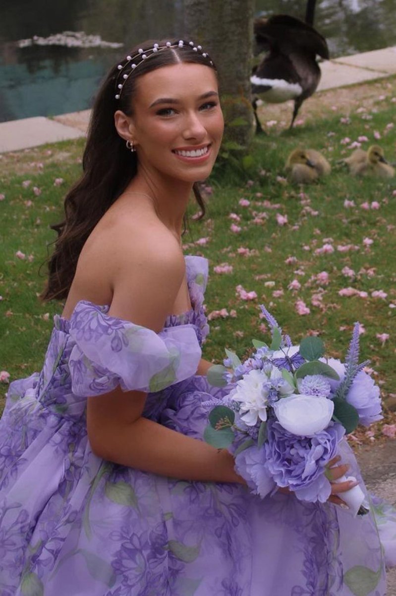 Strapless A-Line Floral Prom Dress With Detachable Sleeves