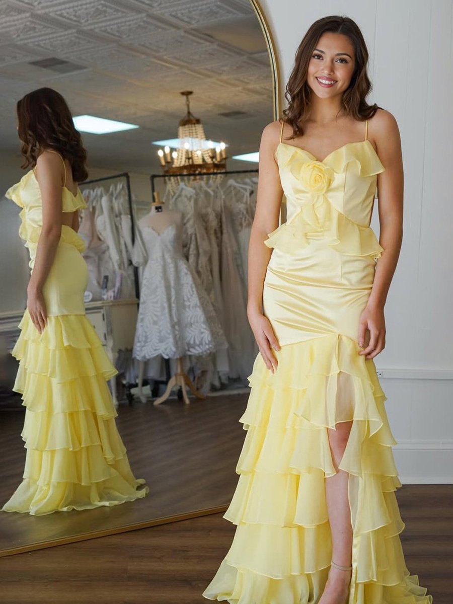 Mermaid Spaghetti Straps Yellow Ruffle Chiffon Long Prom Dresses with Flower