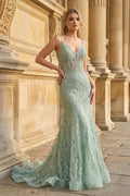 Orange Lace Spaghetti Straps Mermaid Long Formal Dress