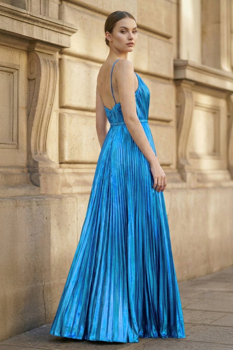 Gold A-Line Spaghetti Straps V-Neck Metallic Long Prom Dress