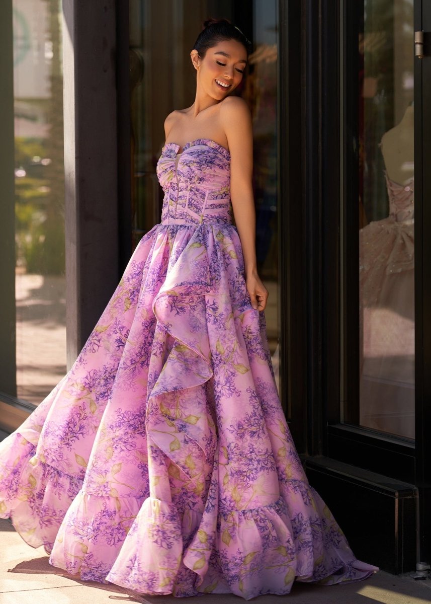 Lilac A-Line Corset Detachable Strapless Floral Long Prom Dress