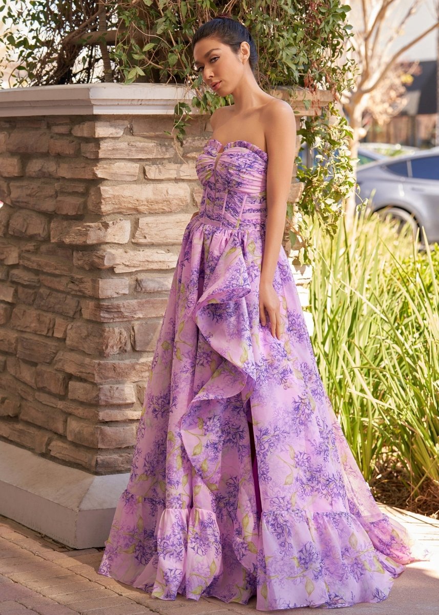 Lilac A-Line Corset Detachable Strapless Floral Long Prom Dress