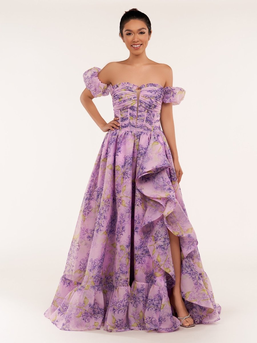Lilac A-Line Corset Detachable Strapless Floral Long Prom Dress