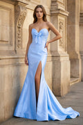 Bow Sweetheart Light Blue Mermaid Long Prom Dress