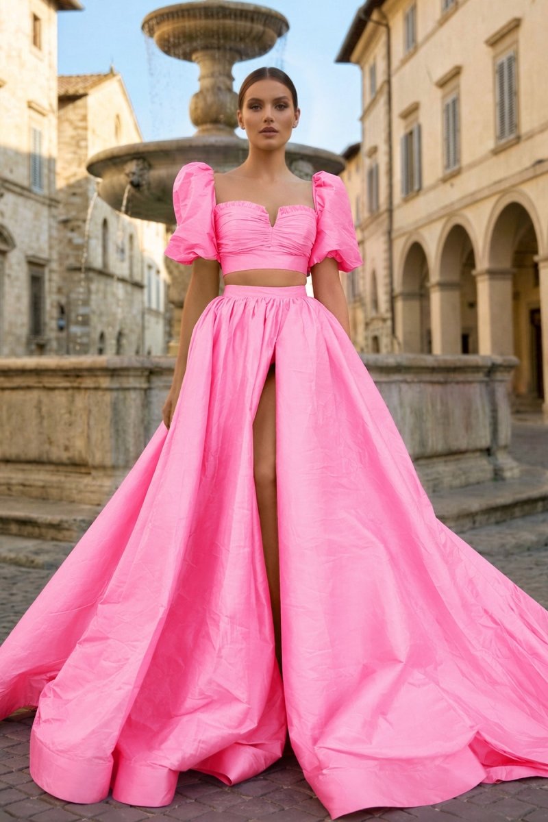 Green Two-Piece Puff Sleeves Long Prom Dress With Split
