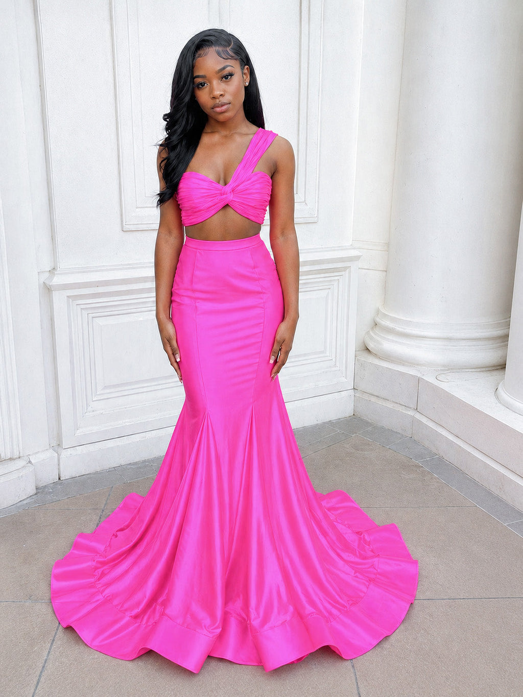 Hot Pink Two Piece One Shoulder Satin Mermaid Prom Dress