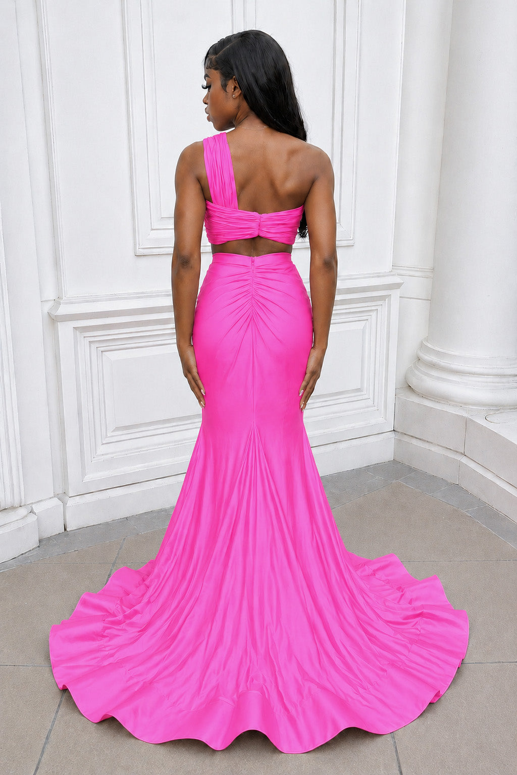Hot Pink Two Piece One Shoulder Satin Mermaid Prom Dress