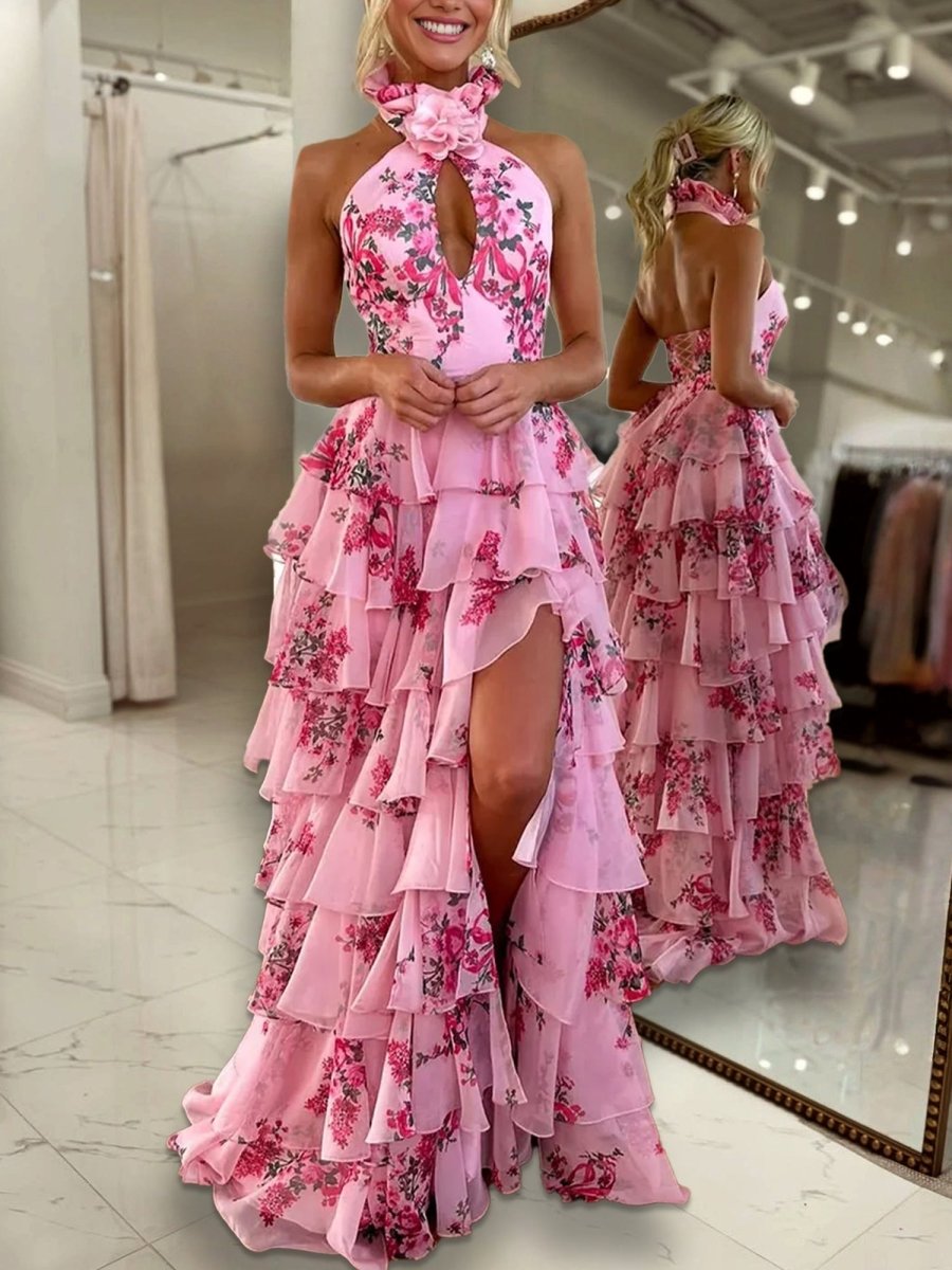 Pink A Line Hatler Floral Chiffon Tiered Long Prom Dress