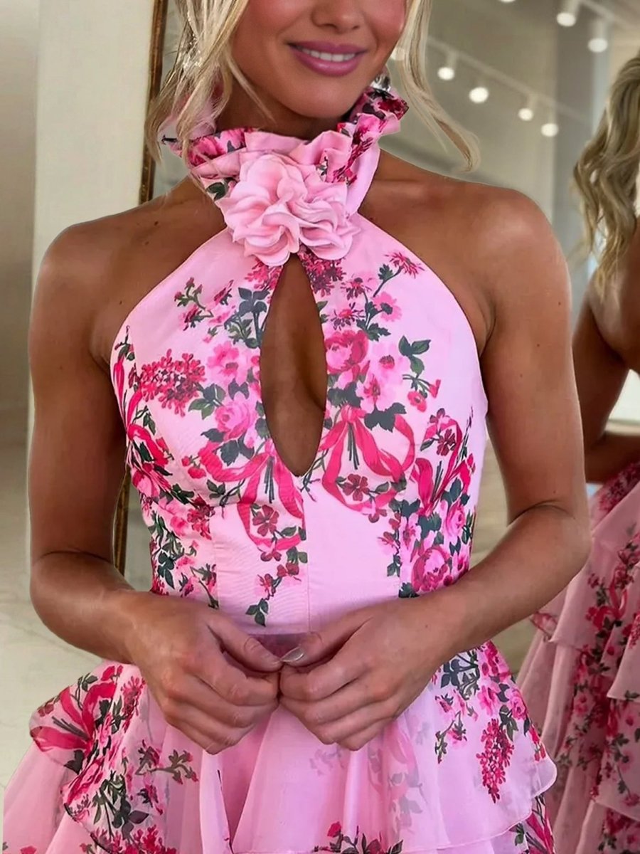 Pink A Line Hatler Floral Chiffon Tiered Long Prom Dress