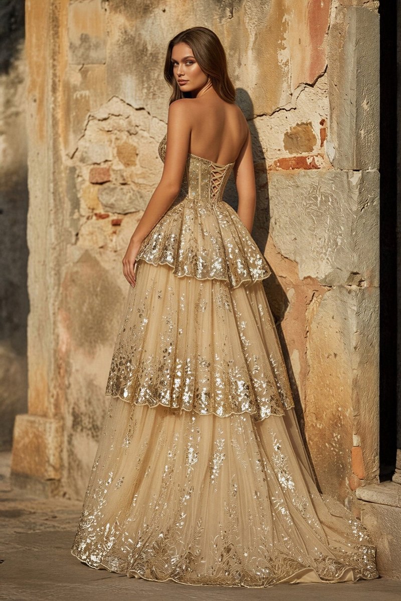 Gold Sweetheart A-Line Lace Long Prom Dress With Split