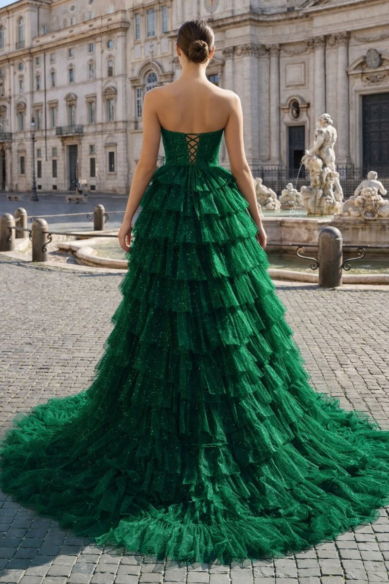 Black Strapless High Low Ruffles Tulle Prom Dress