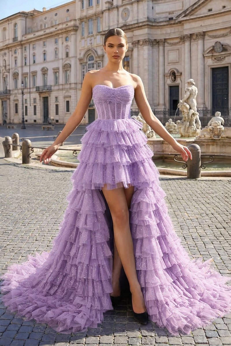 Black Strapless High Low Ruffles Tulle Prom Dress