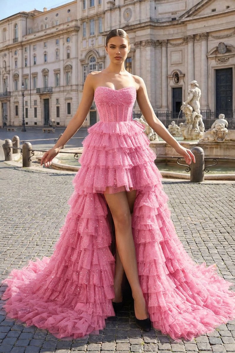 Black Strapless High Low Ruffles Tulle Prom Dress