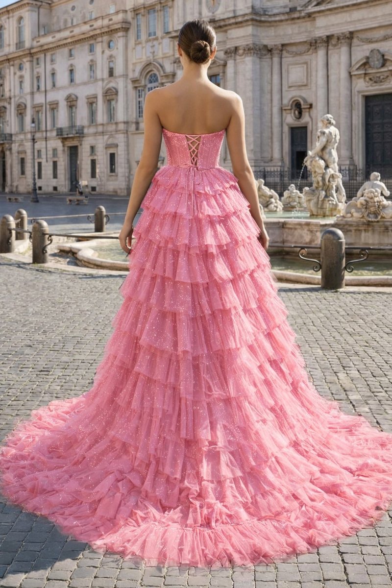 Black Strapless High Low Ruffles Tulle Prom Dress